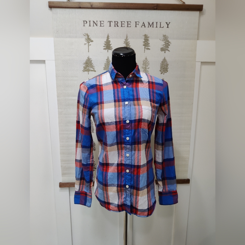J.Crew Perfect Fit Plaid Button Down Shirt Blue Orange Cotton - Size XS